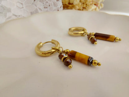 boucle d'oreilles look créoles avec deux pendent en pierres naturel marrons