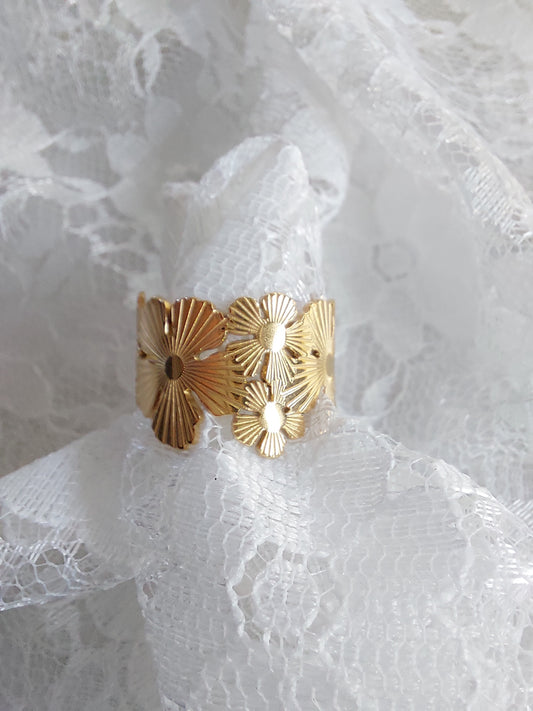 bague réglable en acier inoxydable avec motif floral 