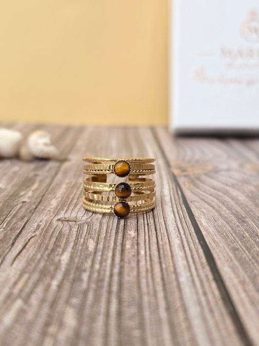 bague réglable look large avec 3 petites pierre œil de tigre ronde