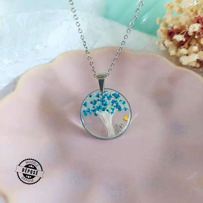 collier en acier inoxydable argenté avec insertion de poils en forme d'arbre de vie