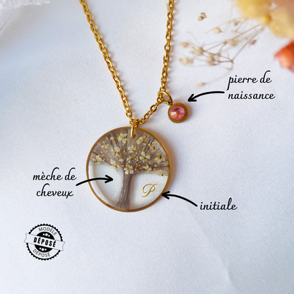 bijoux collier souvenir avec pierre de naissance et mèche de cheveux en forme d'arbre de vie