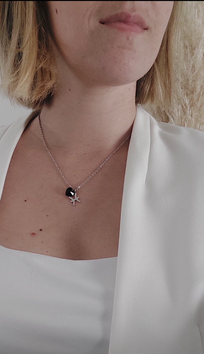 Collier personnalisable en acier inoxydable argenté avec deux pendentifs, un signe du zodiaque Poissons et un coeur en cristal noir